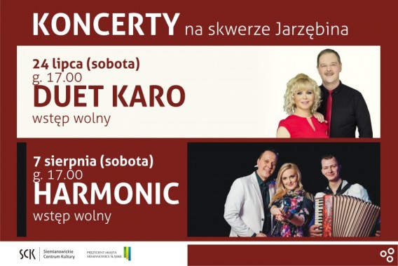 Plakat informujący o dwóch koncertach na osiedlu Tuwim. Na bordowo-białym tle zdjęcia zespołów…