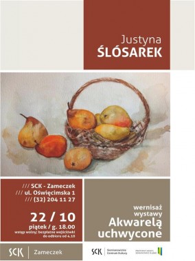 plakat zapraszający na wernisaż wystawy prac plastycznych Akwarelą Uchwycone. Oprócz tekstu…
