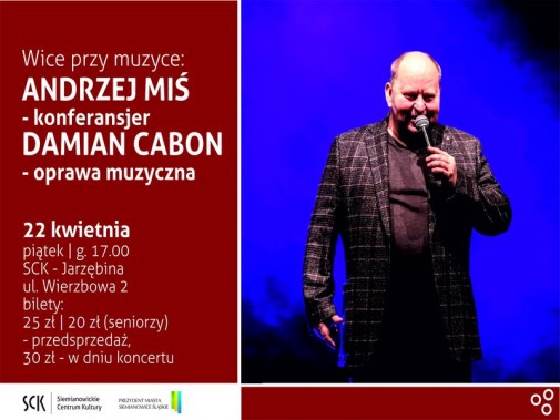 Plakat zapraszający na spotkanie z Andrzejem Misiem. Po prawej stronie zdjęcie z sylwetką…
