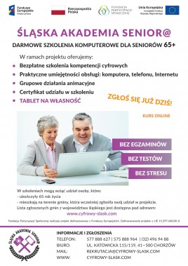 Plakat adresowany dla seniorów - darmowe szkolenia i tablet po kursie.