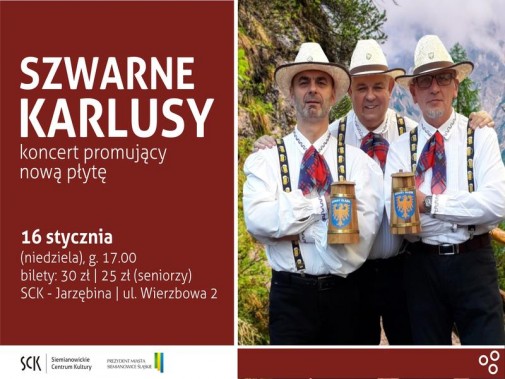 Na czerwonym tle białe napisy dotyczące imprezy oraz zdjęcie członków zespołu. Trzech mężczyzn w…