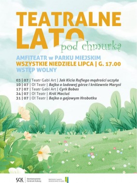 Zielona, ukwiecona łąka a nad nią pomarańczowy napis Teatralne Lato pod Chmurką oraz program…