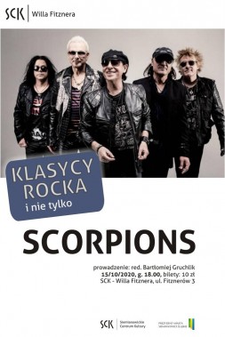 Plakat przedstawia muzyków zespołu Scorpions, twórczości których poświęcone będzie spotkanie z…