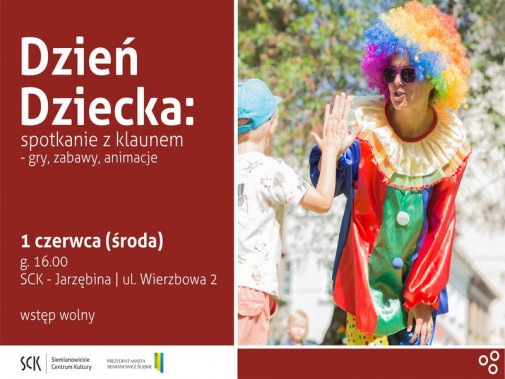 Plakat zapraszający na imprezę z okazji Dnia Dziecka. Na zdjęciu kolorowo ubrany klaun z barwną…