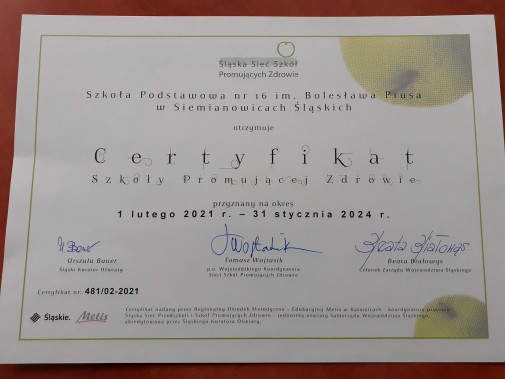 Certyfikat Szkoły Promującej Zdrowie