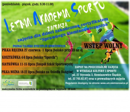 Plakat zapraszający na zajęcia z Letniej Akademii Sportu