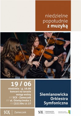 Plakat informacyjny ze zdjęciem 2 skrzypaczek ubranych w czarne sukienki i skrzypka w czarnym…