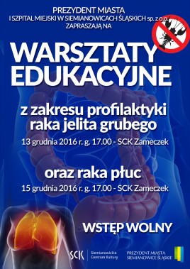 Plakat reklamujacy warsztaty o nowotworach