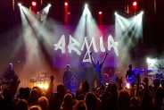 Koncert zespołu Armia. Na pierwszym planie fani, na drugim muzycy na scenie, w tle światła…