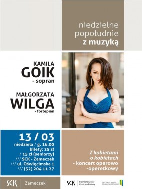 Plakat zapraszający na koncert operowo- operetkowy. Na zdjęciu ciemnowłosa kobieta w niebieskiej,…