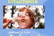Plakat reklamujący animacje dla dzieci w amfiteatrze miejskim oraz dmuchańce. Na niebieskim tle…