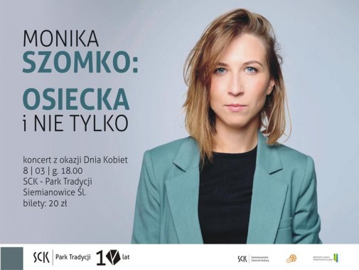 Plakat zapraszający na koncert z okazji Dnia Kobiet. Przedstawia młodą kobietę w czarnej bluzce i…