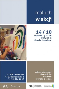 Plakat podzielony na 8 pól w odcieniach niebieskiego szarego i białego w polach loga miejsce data…
