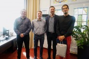 Od lewej stoją: Krzysztof Nos (naczelnik WydziałuKultury i Sportu), Jakub Śleziak, Prezydent…