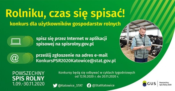 Plakat konkursu, z prawej strony osoba trzymająca tablet. W tle jedzące siano krowy w oborze.