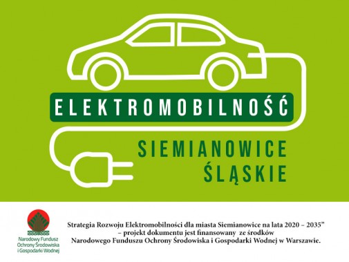 grafika, samochód i wystający przewód elektryczny z wtyczką, napis elektromobilność Siemianowice…