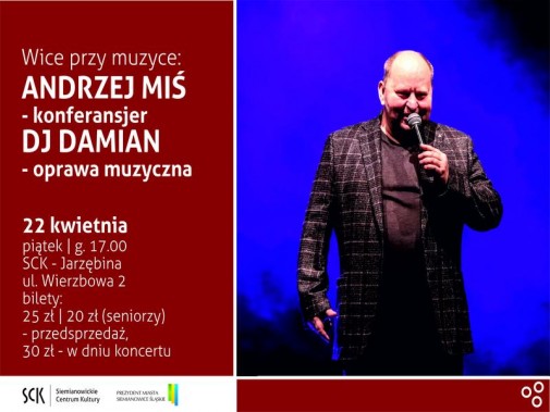Plakat zapraszający na spotkanie z Andrzejem Misiem. Po prawej stronie zdjęcie z sylwetką…