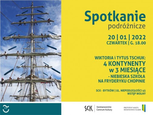 Plakat na Spotkanie Podróżników. Z lewej strony maszt statku Fryderyk Chopina na tle niebieskiego…