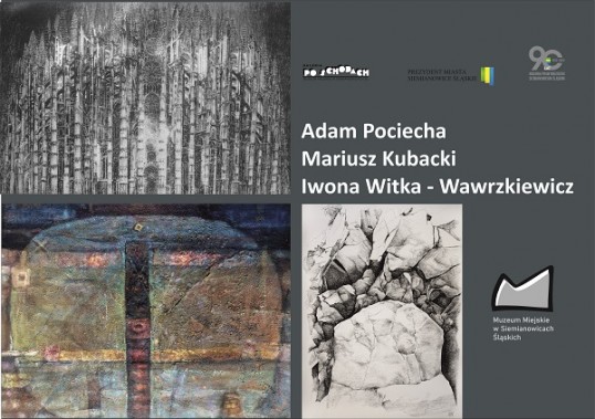 Przedstawia plakat promujący wydarzenie, z grafikami abstrakcyjnych prac umieszczonych na wystawie.