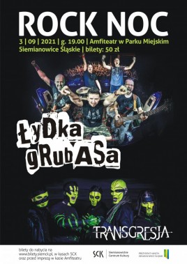Plakat reklamujący koncert Rock Noc. Na czarnym tle sylwetki dwóch występujących zespołów, białe…
