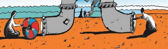 Grafika przedstawia rysunki dwóch szarych postaci. Postacie zaglądają do złożonego systemu rur,…