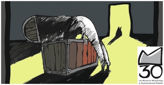 Grafika przedstawia postać, w zaciemnionym pomieszczeniu, zaglądającą do dużej skrzyni. W tle,…