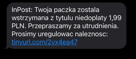 Fałszywy sms informujący o dopłacie do paczki.