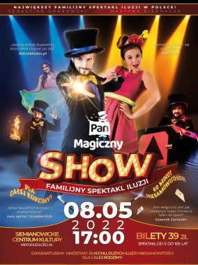 Kolorowy afisz zapraszający na magiczny show dla dzieci. W centrum postać magika w cylindrze, z…