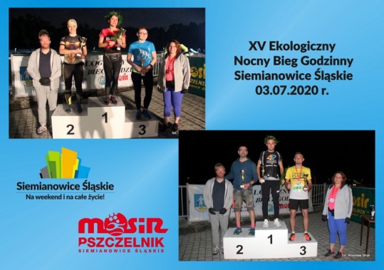 Dwa zdjęcia przedstawiające zwycięzców XV Ekologicznego Nocnego Biegu Godzinnego w kat. kobiet i…