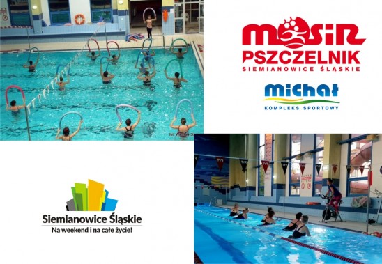 Plakat zapraszający na ćwiczenia w wodzie oraz aqua cycling organizowane na basenie Kompleksu…