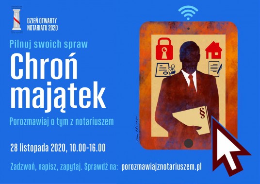 Afisz akcji. Na niebieskim tle sylwetka prawnika trzymającego akty prawne