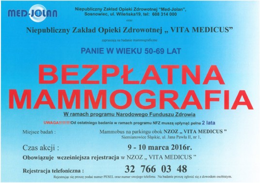 Plakat reklamujący bezpłatną mammografię