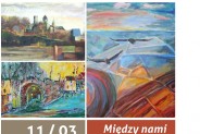 Plakat informacyjny zapraszajacy na wernisaż Grupy Relacje. Na plakacie trzy reprodukcje obrazów…