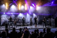 Scena amfiteatru rozświetlona kolorowymi reflektorami. Zespół Łydka Grubasa wraz z sekcją dętą w…