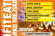 Pomarańczowo-czerwone tło  plakatu reklamującego letnie koncerty w amfiteatrze. Szczegółowe…