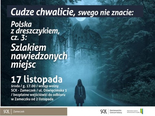 Plakat w odcieniach niebieskiegp. Zamglona droga wśród lasów prowadzi do starego zamku. Po drodze…