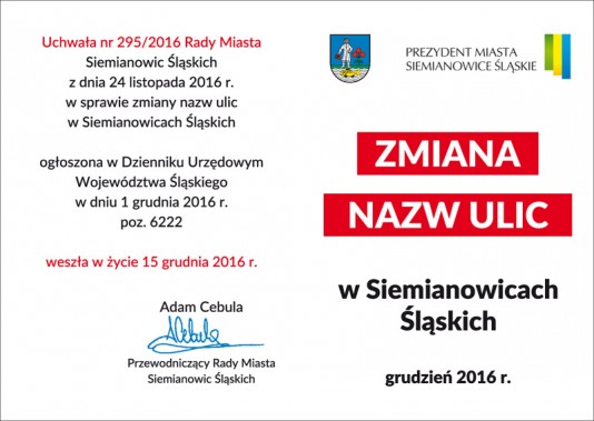 Ulotka dot. zmian nazw ulic w Siemianowicach - przód
