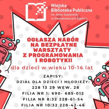 Plakat zaproszenie na warsztaty z robotyki.