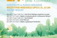 Zielona, ukwiecona łąka a nad nią pomarańczowy napis Teatralne Lato pod Chmurką oraz program…