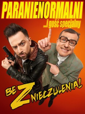 Na czerwono-pomarańczowym tle sylwetki dwóch artystów a kabaretu Paranienrmalni oraz żółty napis…