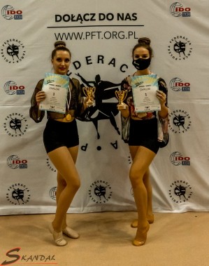 Dwie tancerki cheerleaders z dyplomami oraz pucharami