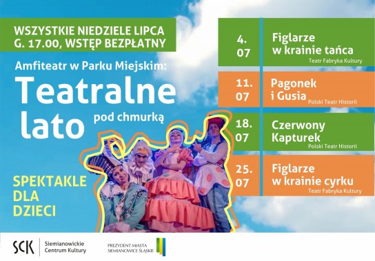 Plakat reklamujący Teatralne Lato pod Chmurką. Na niebieskim tle nieba sylwetki aktorów w…