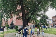 Zdjęcie przedstawia grupę ludzi pod pomnikami i kapliczkami biorących udział w Historycznym…