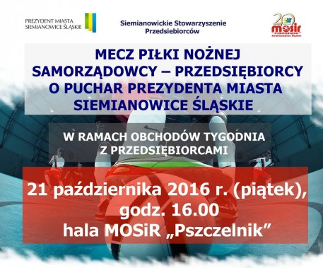 Plakat zapraszajacy na mecz Samorządowców z Przedsiębiorcami