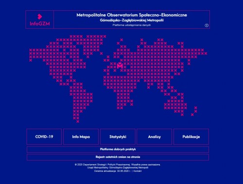zrzut ekranu przedstawiający stronę tytułową InfoGZM w kolorze niebieskim z oznaczeniami w…