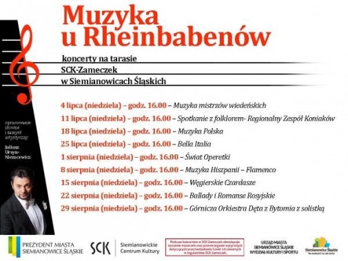 Afisz reklamujący cykl koncertów Muzyka u Rheinbabenów. Na białym tle tytuły koncertów oraz…