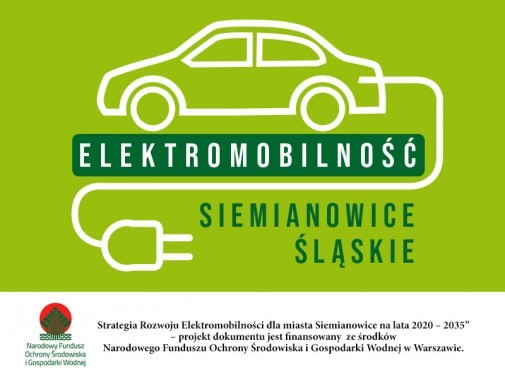 grafika, samochód i wystający przewód elektryczny z wtyczką, napis: Elektromobilność -…