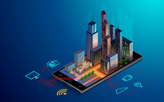 Wizualizacja smart city wyłaniająca się ze smartfonu