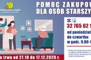 Rysunek: młodzi w maseczka odwiedzają seniorkę przynosząc jej zakupy