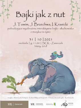 Plakat do interaktywnego słuchowiska dla dzieci z bajkami muzycznymi. Na pkakacie niebieski…